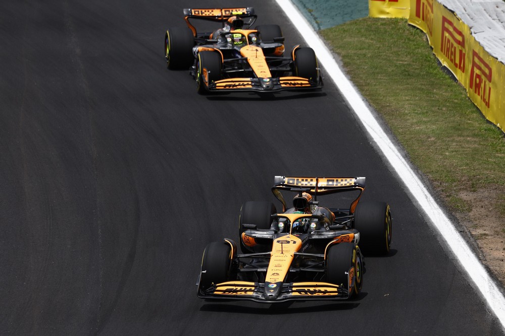 Oscar Piastri leads teammate Lando Norris in the opening stages of the 2024 Brazilian Grand Prix sprint race