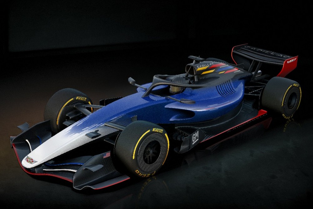 3D render of a Formula One car with a Cadillac livery