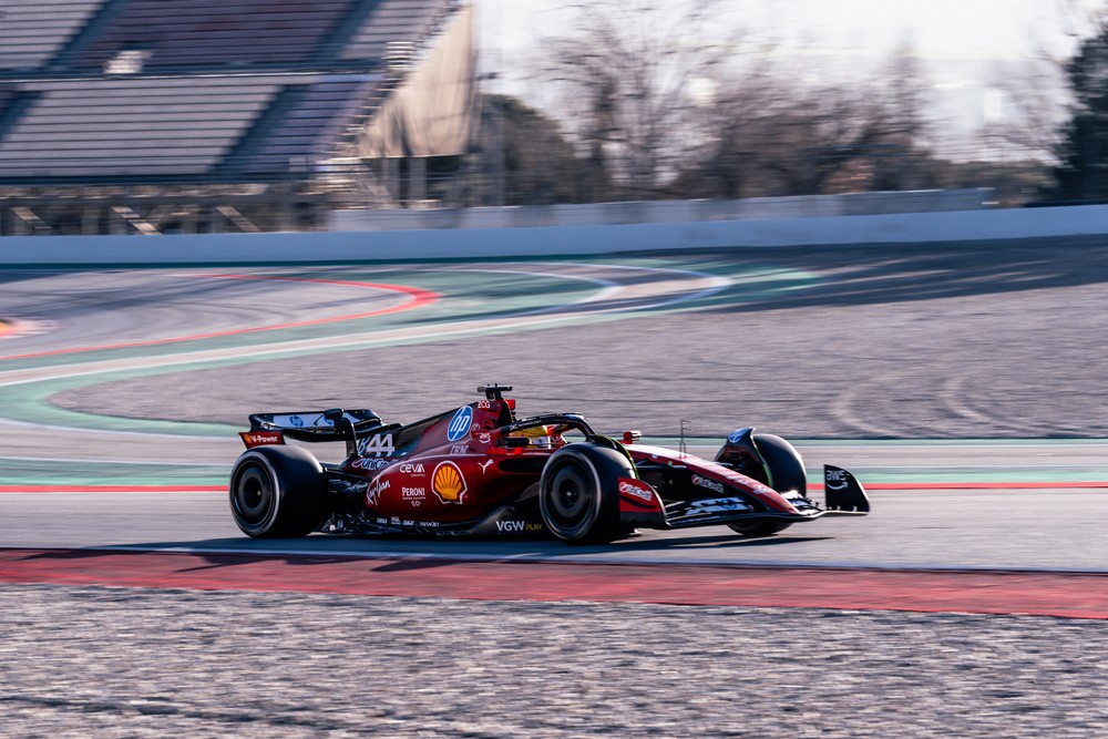 Lewis Hamilton driving a Ferrari during a private test in Barcelona