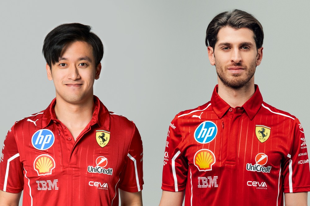 Zhou Guanyu and Antonio Giovinazzi wearing Ferrari uniforms after being signed as Ferrari reserved drivers