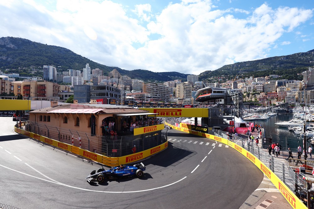 Alex Albon enters the final corners while practicing for the 2025 Monaco Grand Prix