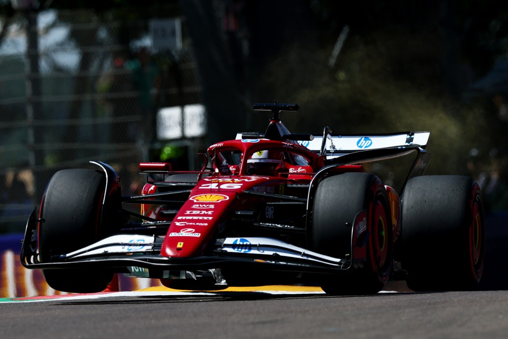 Charles Leclerc races over a kerb during practice for the 2025 Emilia-Romagna Grand Prix