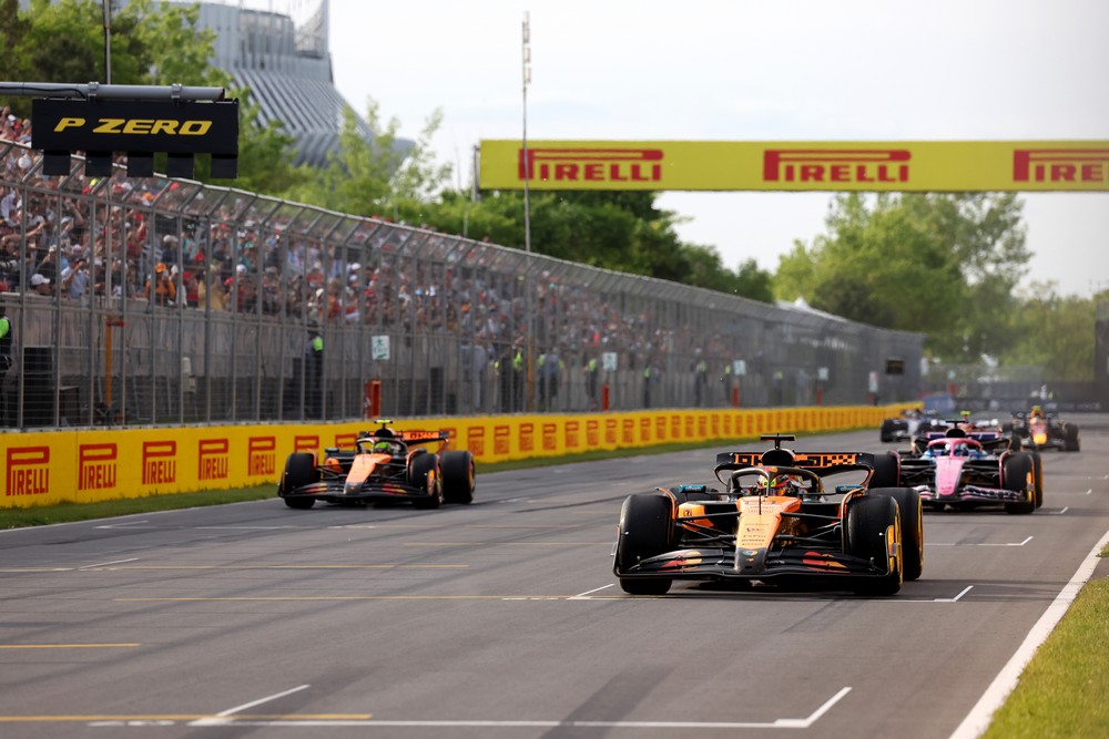 Oscar Piastri and Lando Norris line up on the grid for practice starts during the 2025 Canadian Grand Prix
