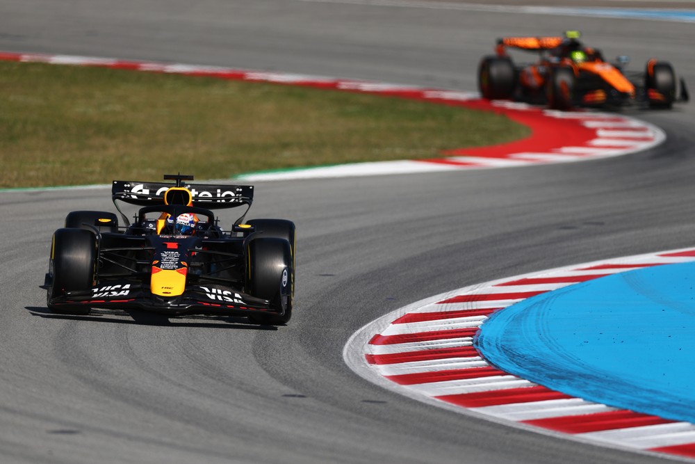 Max Verstappen leading Lando Norris during practice for the 2025 Spanish Grand Prix