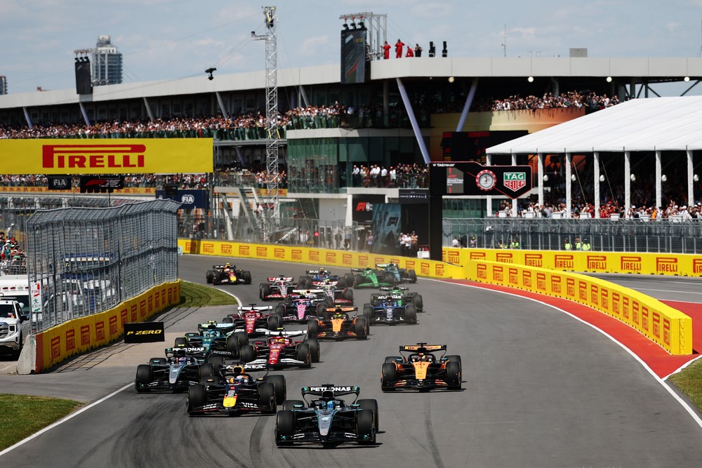 George Russell leads the field into the first corner at the start of the 2025 Canadian Grand Prix