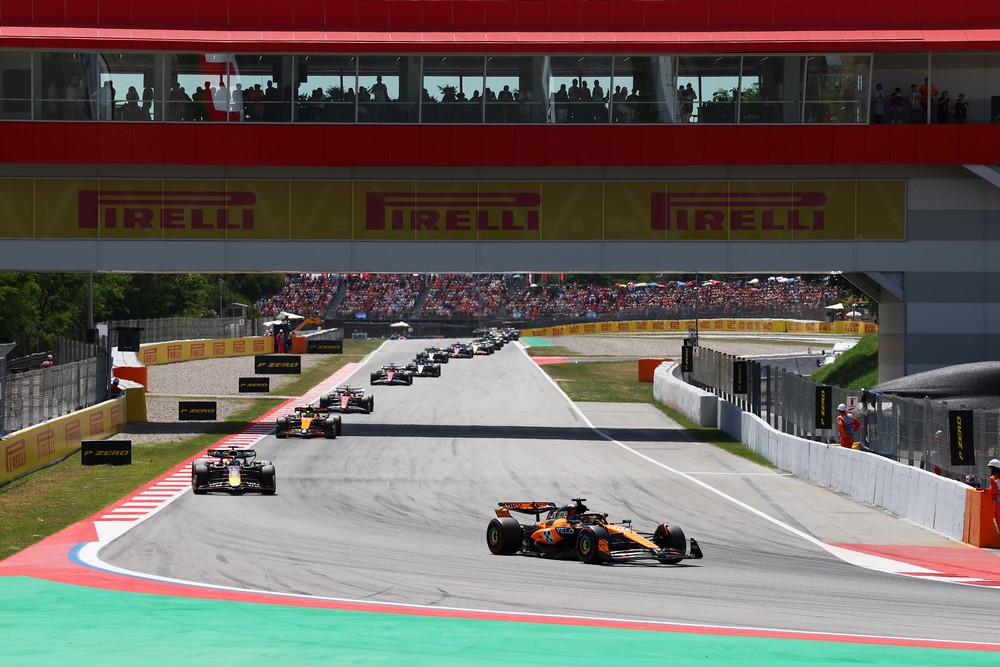 Oscar Piastri leads the field at the start of the 2025 Spanish Grand Prix