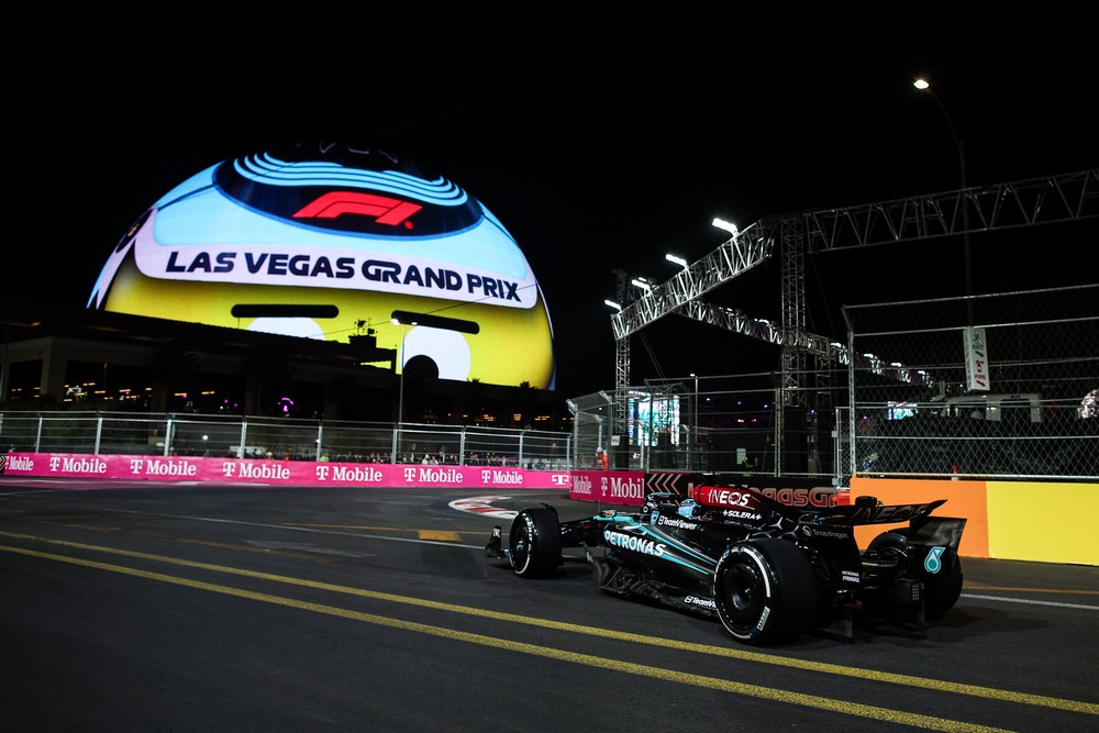 George Russell during practice for the 2024 Las Vegas Grand Prix with the Las Vegas Sphere in the background