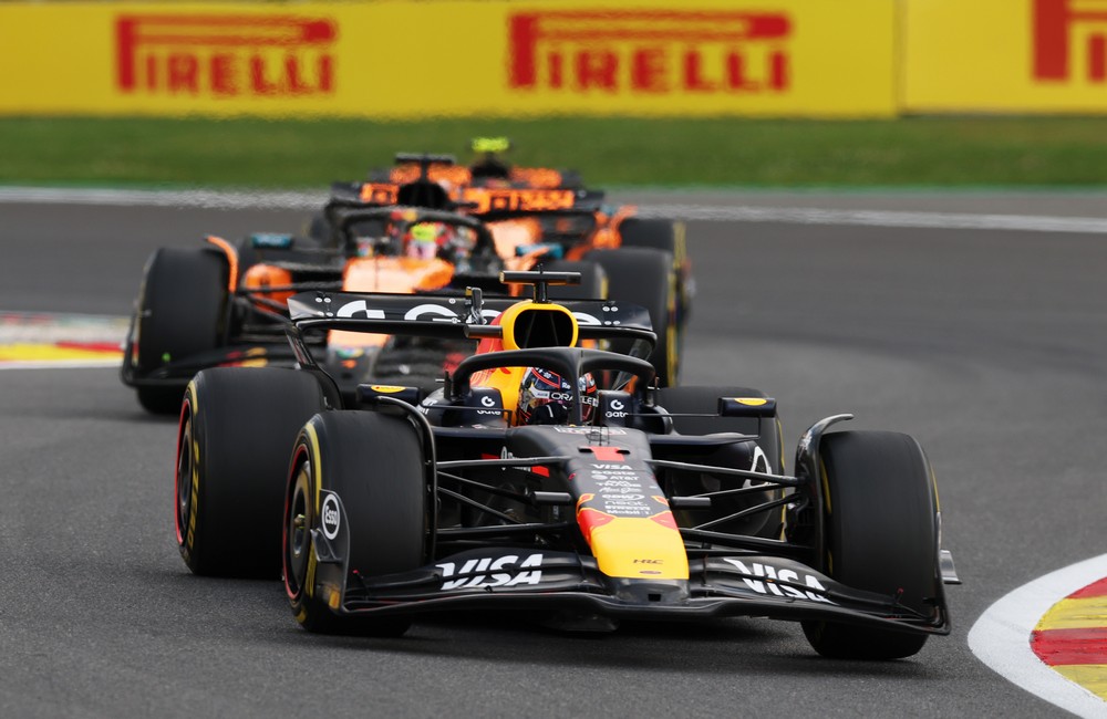 Max Verstappen leads the two McLarens during the 2025 Belgian Grand Prix Sprint Race