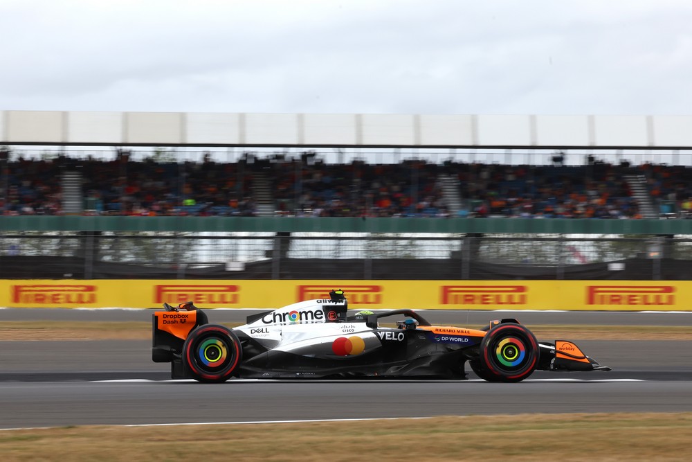 Side view of Lando Norris' McLaren during practice for the 2025 British Grand Prix