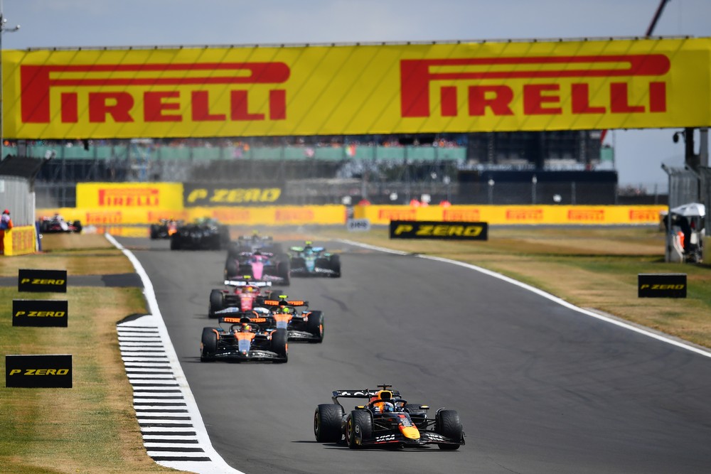 Max Verstappen leads the field at the start of the 2025 British Grand Prix