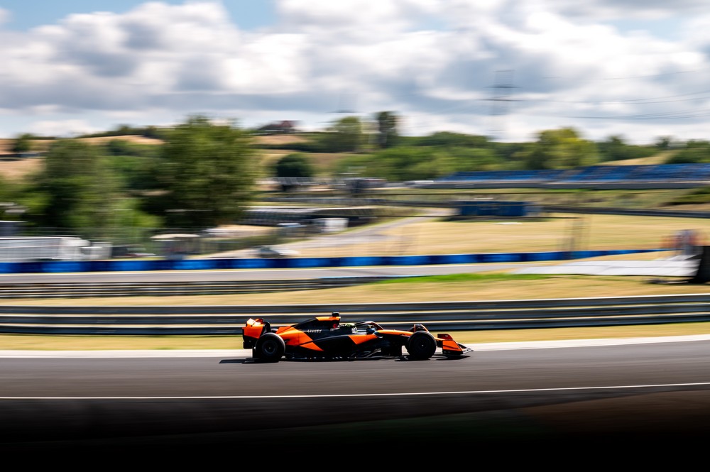 Lando Norris drives a McLaren during a 2026 Pirelli tyre test at Hungary