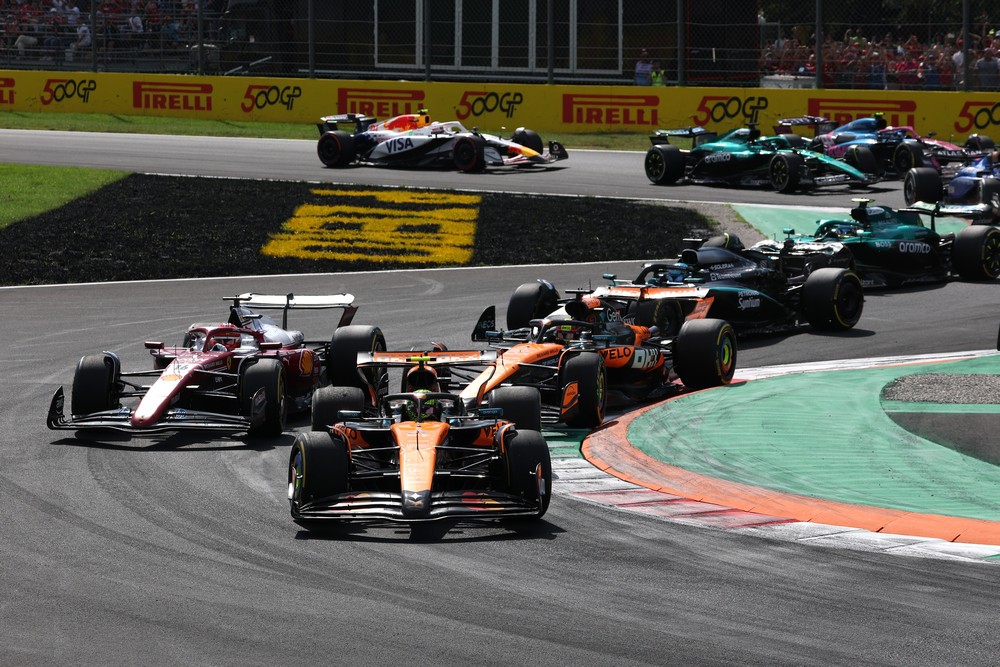 Drivers fight for position in the first chicane at the start of the 2025 Italian Grand Prix