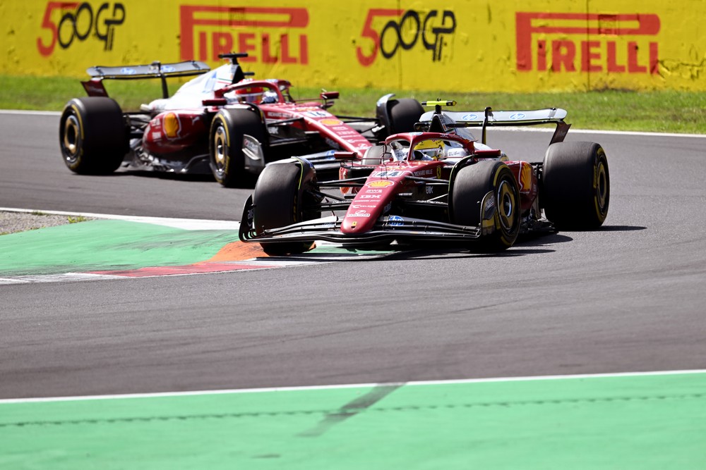 Lewis Hamilton leads Charles Leclerc during practice for the 2025 Italian Grand Prix