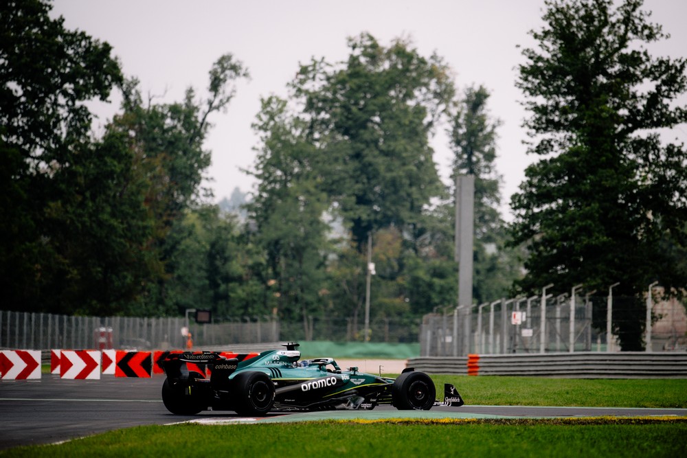 Felipe Drugovich drives an Aston Martin in the first chicane during a Pirelli tyre test in Monza