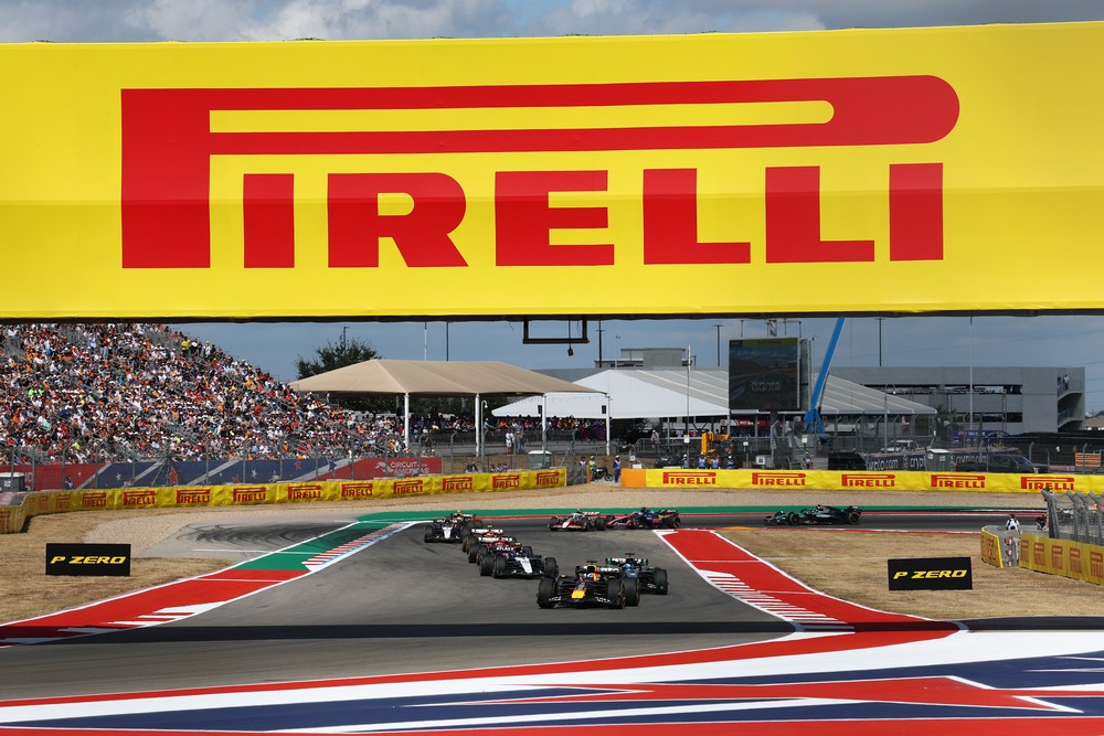 Max Verstappen leads the field on the opening lap of the 2025 United States Grand Prix sprint race