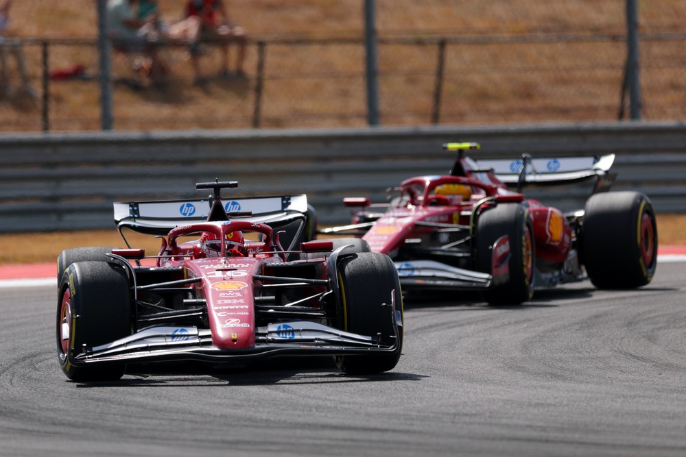 Ferrari teammates race closely during the 2025 United States Grand Prix sprint race