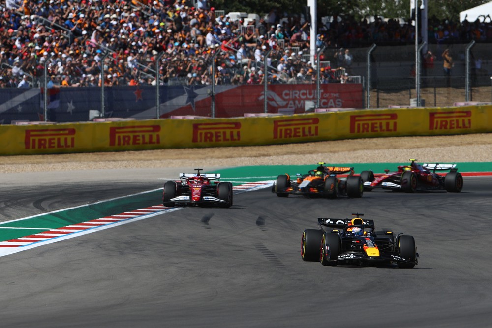 Max Verstappen leads at the start of the 2025 United States Grand Prix