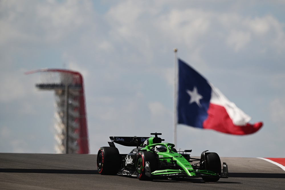 Nico Hulkenberg during practice for the 2025 United States Grand Prix with the Texas state flag flying in the background