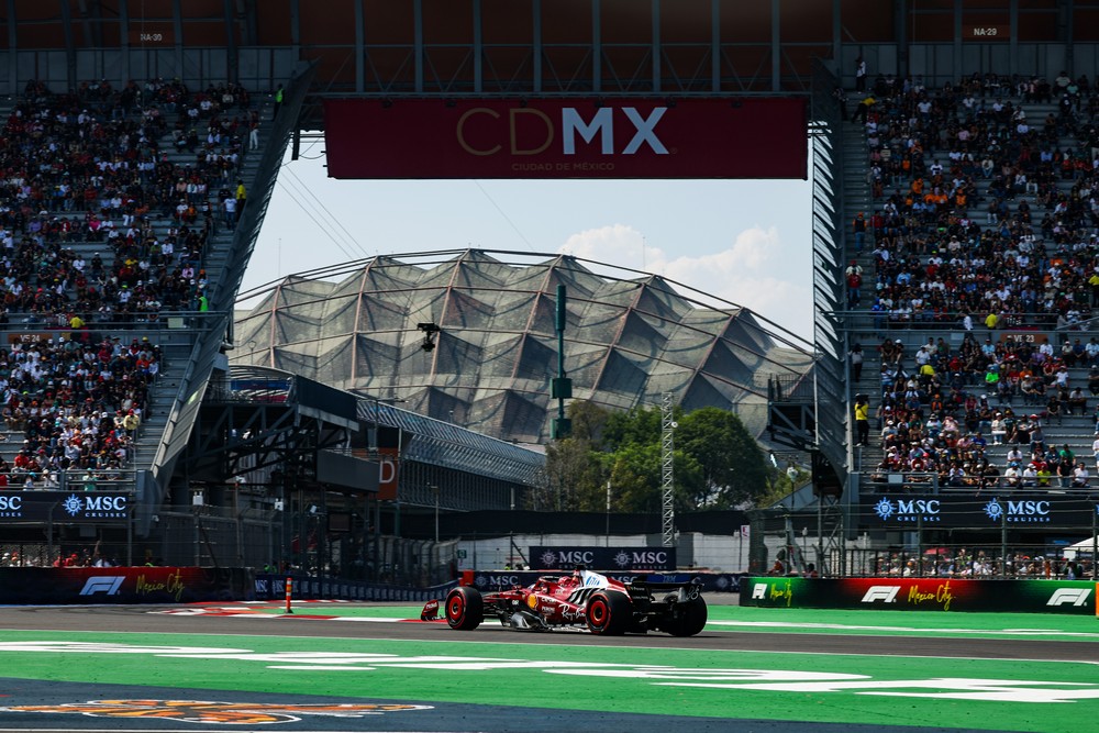 Charles Leclerc drives through the stadium section during practice for the 2025 Mexican Grand Prix