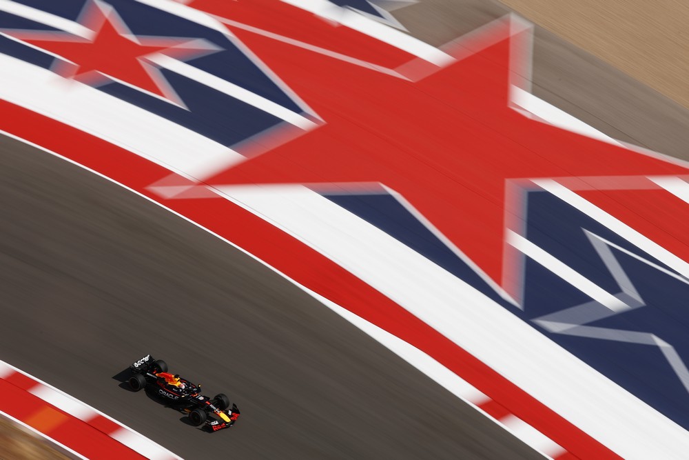 Overhead view of Max Verstappen during practice for the 2025 United States Grand Prix