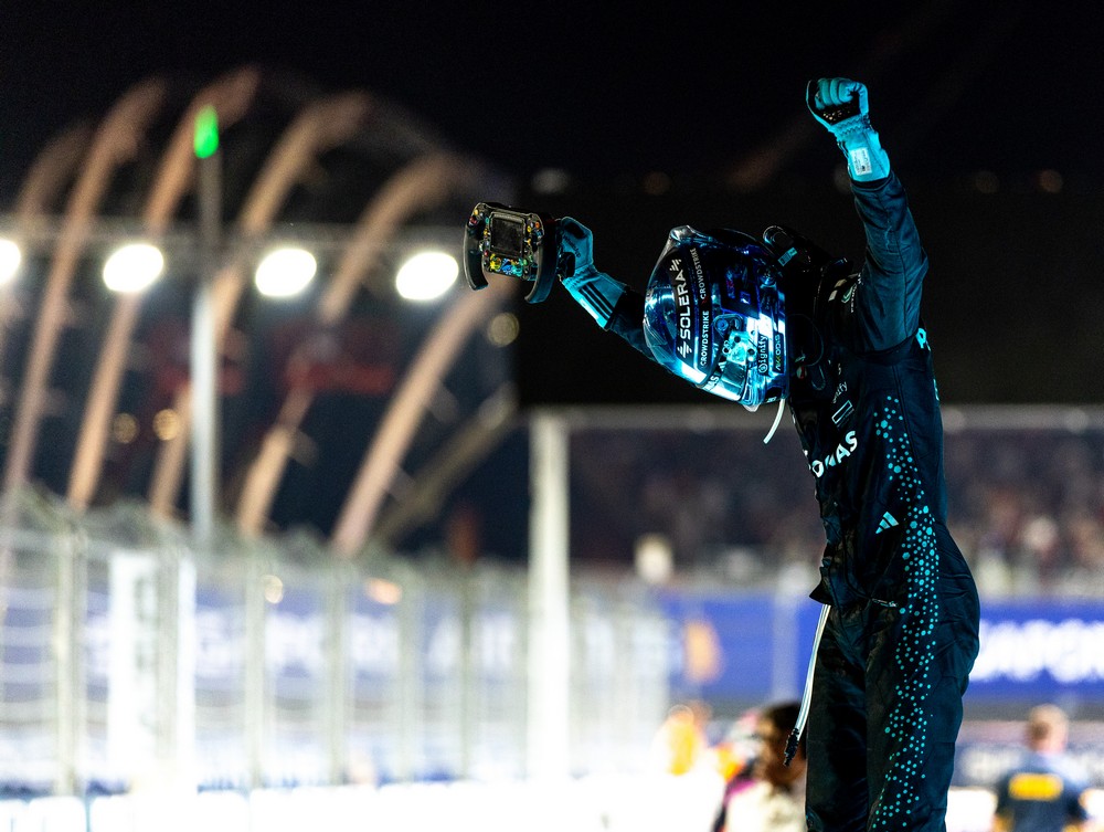George Russell celebrating after winning the 2025 Singapore Grand Prix