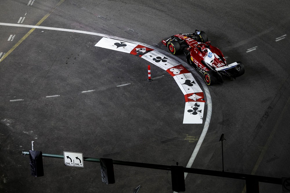 Charles Leclerc at the Vegas-themed apex during practice for the 2025 Las Vegas Grand Prix