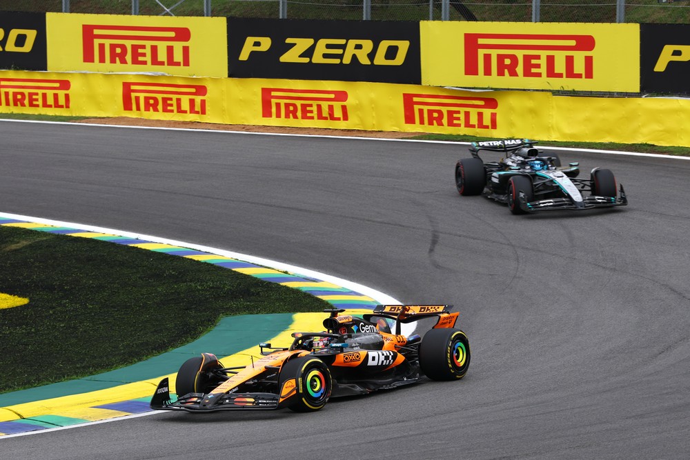 Oscar Piastri leads George Russell during the 2025 Brazilian Grand Prix Sprint Race