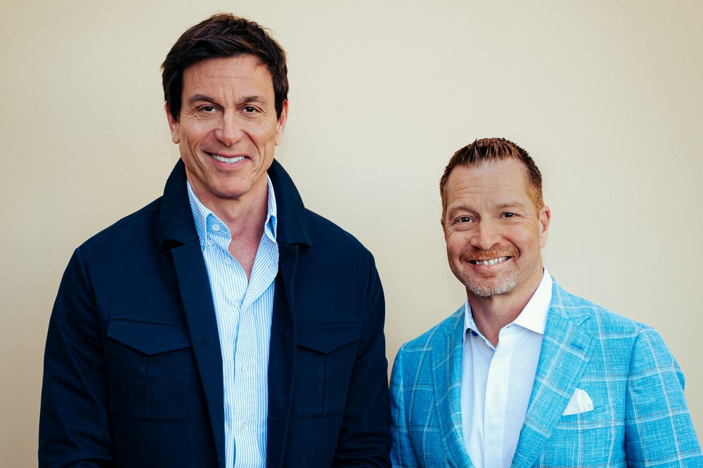 Mercedes team principal Toto Wolff (left) stands next to CrowdStrike CEO George Kurtz (right)